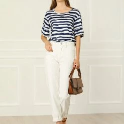 Allegra K Women's Striped Flare Sleeve Round Neck Loose Tops Casual T-Shirt