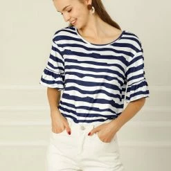Allegra K Women's Striped Flare Sleeve Round Neck Loose Tops Casual T-Shirt