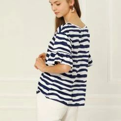 Allegra K Women's Striped Flare Sleeve Round Neck Loose Tops Casual T-Shirt