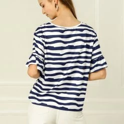 Allegra K Women's Striped Flare Sleeve Round Neck Loose Tops Casual T-Shirt