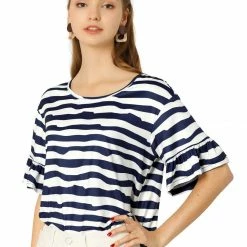Allegra K Women's Striped Flare Sleeve Round Neck Loose Tops Casual T-Shirt