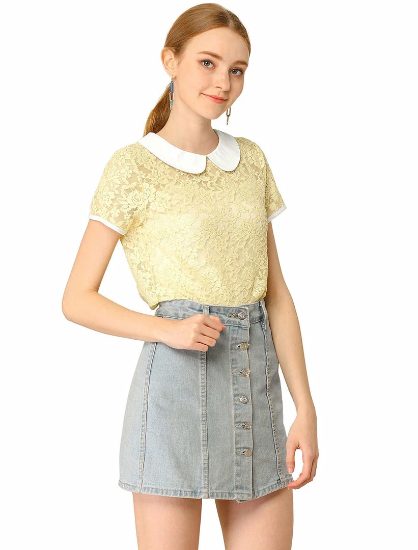 Allegra K Women's Contrast Doll Collar Short Sleeve Tops Sheer Lace Top 29 Allegra K Women's Contrast Doll Collar Short Sleeve Tops Sheer Lace Top