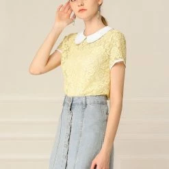 Allegra K Women's Contrast Doll Collar Short Sleeve Tops Sheer Lace Top 87 Allegra K Women's Contrast Doll Collar Short Sleeve Tops Sheer Lace Top