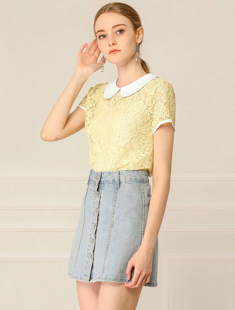Allegra K Women's Contrast Doll Collar Short Sleeve Tops Sheer Lace Top 31 Allegra K Women's Contrast Doll Collar Short Sleeve Tops Sheer Lace Top