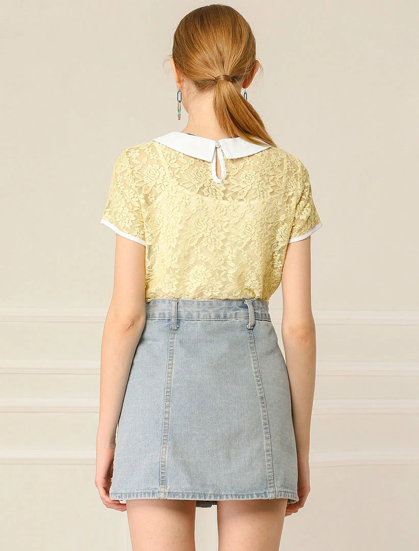 Allegra K Women's Contrast Doll Collar Short Sleeve Tops Sheer Lace Top 32 Allegra K Women's Contrast Doll Collar Short Sleeve Tops Sheer Lace Top