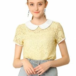 Allegra K Women's Contrast Doll Collar Short Sleeve Tops Sheer Lace Top 84 Allegra K Women's Contrast Doll Collar Short Sleeve Tops Sheer Lace Top