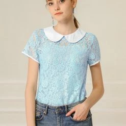 Allegra K Women's Contrast Doll Collar Short Sleeve Tops Sheer Lace Top 91 Allegra K Women's Contrast Doll Collar Short Sleeve Tops Sheer Lace Top