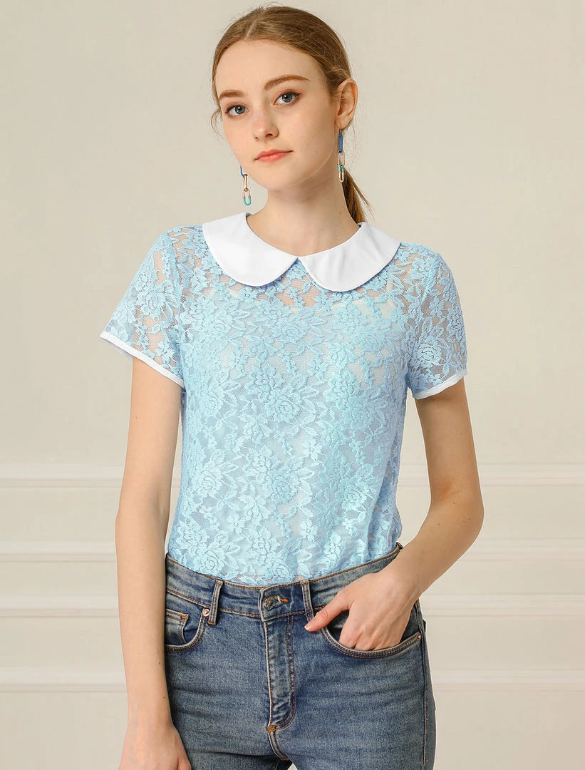 Allegra K Women's Contrast Doll Collar Short Sleeve Tops Sheer Lace Top 35 Allegra K Women's Contrast Doll Collar Short Sleeve Tops Sheer Lace Top