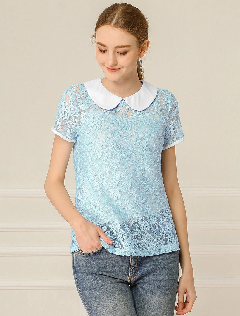 Allegra K Women's Contrast Doll Collar Short Sleeve Tops Sheer Lace Top 36 Allegra K Women's Contrast Doll Collar Short Sleeve Tops Sheer Lace Top