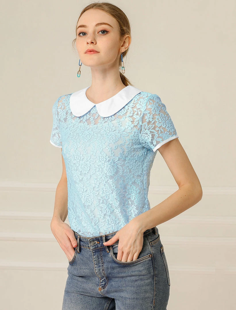 Allegra K Women's Contrast Doll Collar Short Sleeve Tops Sheer Lace Top 37 Allegra K Women's Contrast Doll Collar Short Sleeve Tops Sheer Lace Top