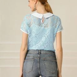 Allegra K Women's Contrast Doll Collar Short Sleeve Tops Sheer Lace Top 94 Allegra K Women's Contrast Doll Collar Short Sleeve Tops Sheer Lace Top