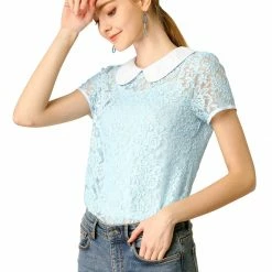 Allegra K Women's Contrast Doll Collar Short Sleeve Tops Sheer Lace Top 90 Allegra K Women's Contrast Doll Collar Short Sleeve Tops Sheer Lace Top