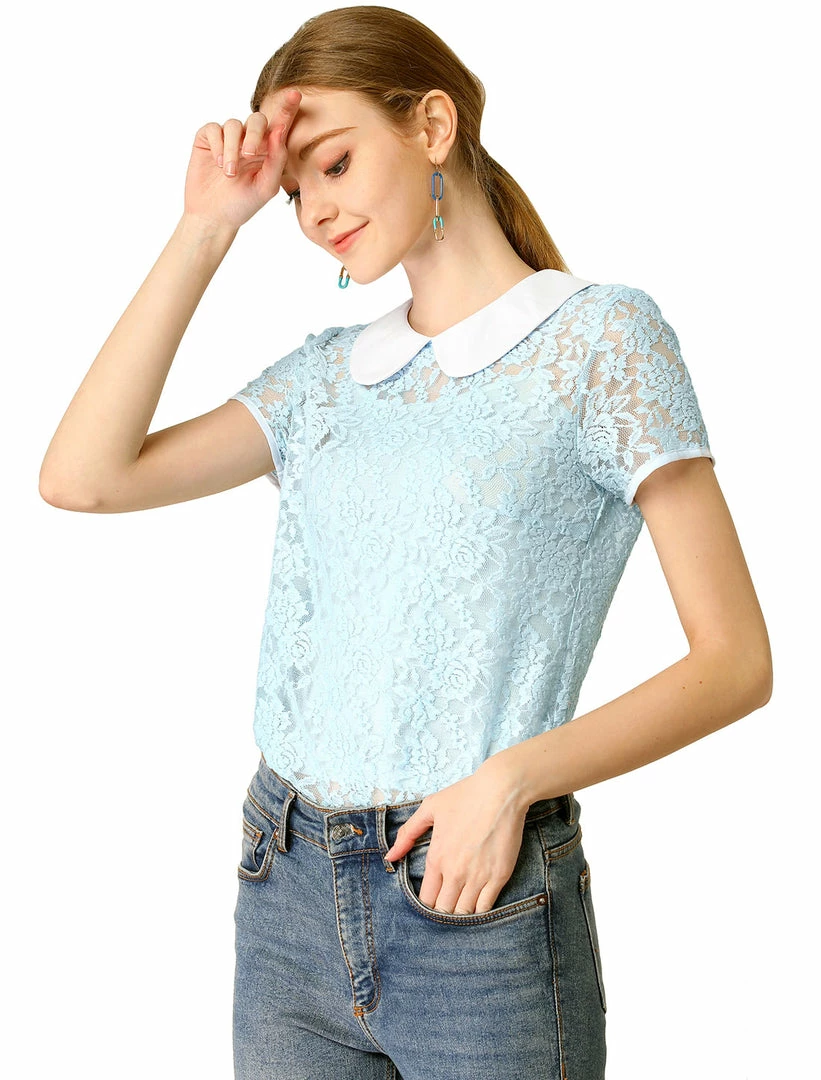 Allegra K Women's Contrast Doll Collar Short Sleeve Tops Sheer Lace Top 34 Allegra K Women's Contrast Doll Collar Short Sleeve Tops Sheer Lace Top