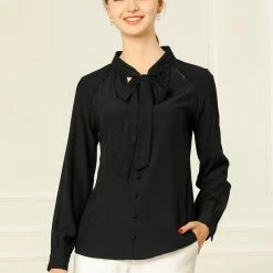 Allegra K Women‘s Bow Tie Neck Long Sleeve Casual Button Decor Shirt 39 Allegra K Women‘s Bow Tie Neck Long Sleeve Casual Button Decor Shirt