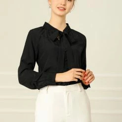 Allegra K Women‘s Bow Tie Neck Long Sleeve Casual Button Decor Shirt 40 Allegra K Women‘s Bow Tie Neck Long Sleeve Casual Button Decor Shirt