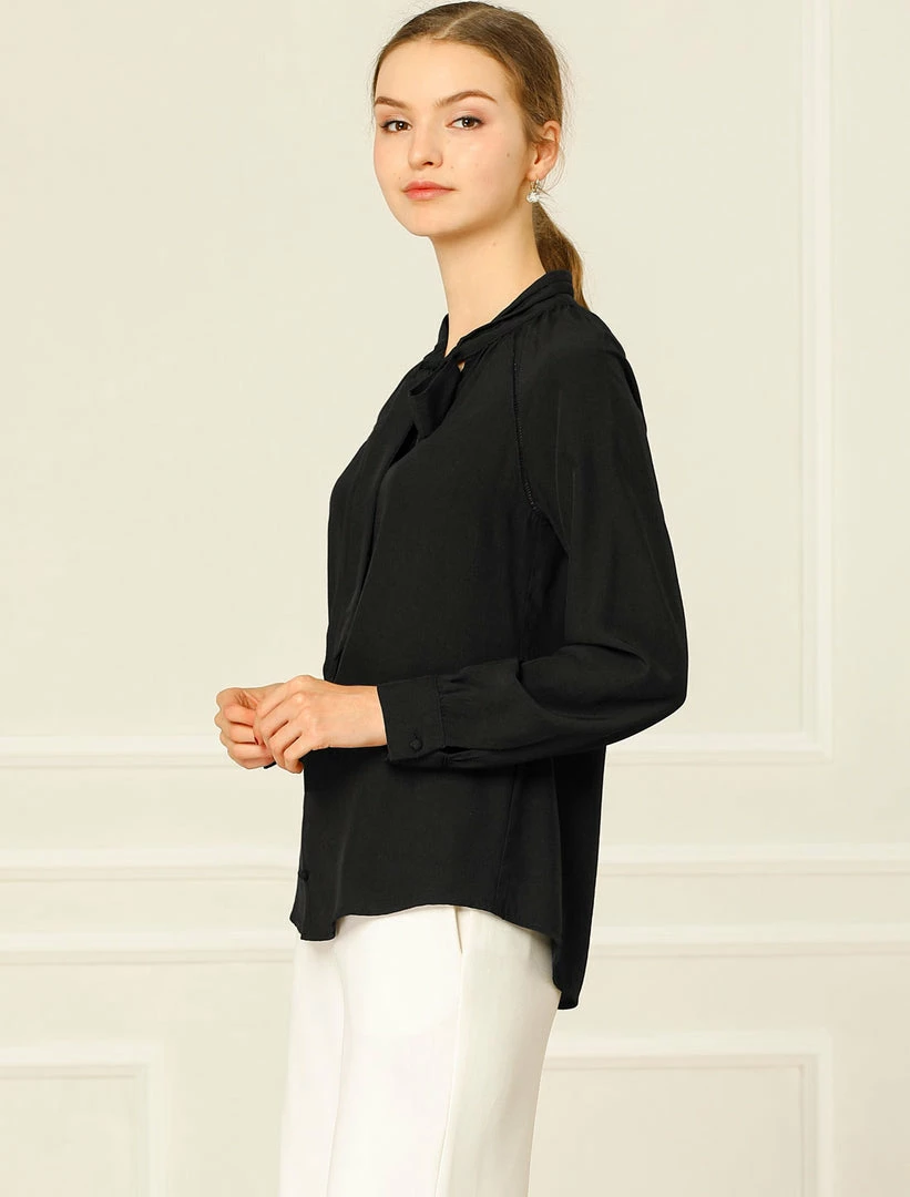 Allegra K Women‘s Bow Tie Neck Long Sleeve Casual Button Decor Shirt 12 Allegra K Women‘s Bow Tie Neck Long Sleeve Casual Button Decor Shirt