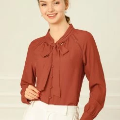 Allegra K Women‘s Bow Tie Neck Long Sleeve Casual Button Decor Shirt