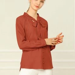 Allegra K Women‘s Bow Tie Neck Long Sleeve Casual Button Decor Shirt 34 Allegra K Women‘s Bow Tie Neck Long Sleeve Casual Button Decor Shirt
