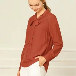 Allegra K Women‘s Bow Tie Neck Long Sleeve Casual Button Decor Shirt 35 Allegra K Women‘s Bow Tie Neck Long Sleeve Casual Button Decor Shirt