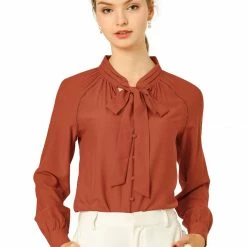 Allegra K Women‘s Bow Tie Neck Long Sleeve Casual Button Decor Shirt