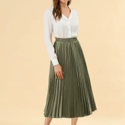 Allegra K Skirts Women's Elastic Waist Party Metallic Shiny Accordion Pleated Midi Skirt