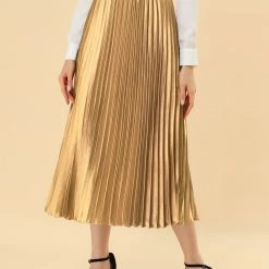 Allegra K Skirts Women's Elastic Waist Party Metallic Shiny Accordion Pleated Midi Skirt