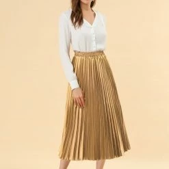 Allegra K Skirts Women's Elastic Waist Party Metallic Shiny Accordion Pleated Midi Skirt