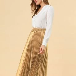 Allegra K Skirts Women's Elastic Waist Party Metallic Shiny Accordion Pleated Midi Skirt