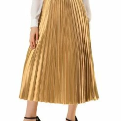 Allegra K Skirts Women's Elastic Waist Party Metallic Shiny Accordion Pleated Midi Skirt