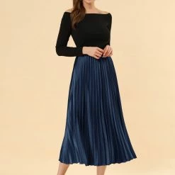 Allegra K Skirts Women's Elastic Waist Party Metallic Shiny Accordion Pleated Midi Skirt