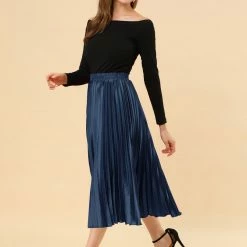 Allegra K Skirts Women's Elastic Waist Party Metallic Shiny Accordion Pleated Midi Skirt