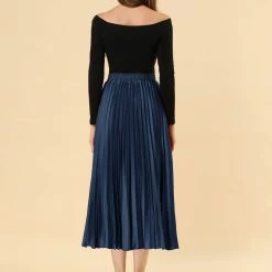 Allegra K Skirts Women's Elastic Waist Party Metallic Shiny Accordion Pleated Midi Skirt