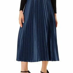 Allegra K Skirts Women's Elastic Waist Party Metallic Shiny Accordion Pleated Midi Skirt