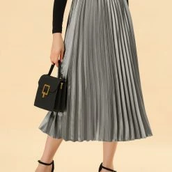 Allegra K Skirts Women's Elastic Waist Party Metallic Shiny Accordion Pleated Midi Skirt