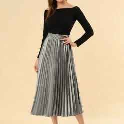 Allegra K Skirts Women's Elastic Waist Party Metallic Shiny Accordion Pleated Midi Skirt