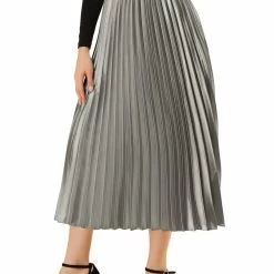 Allegra K Skirts Women's Elastic Waist Party Metallic Shiny Accordion Pleated Midi Skirt