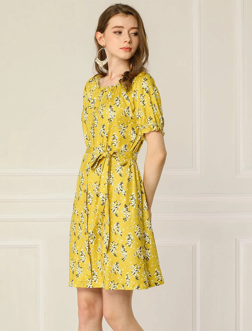 Allegra K Women's Floral Short Sleeve Summer Casual Ruffle Tie Waist Dress 12 Allegra K Women's Floral Short Sleeve Summer Casual Ruffle Tie Waist Dress