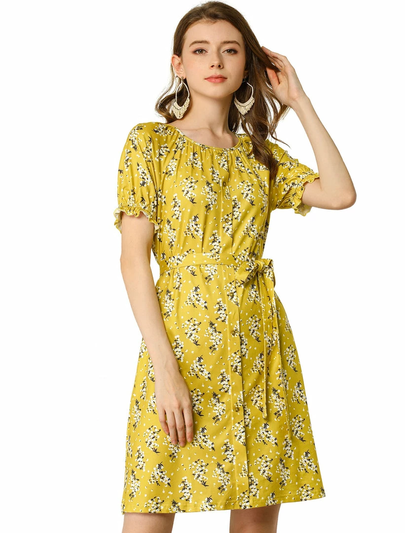 Allegra K Women's Floral Short Sleeve Summer Casual Ruffle Tie Waist Dress 9 Allegra K Women's Floral Short Sleeve Summer Casual Ruffle Tie Waist Dress
