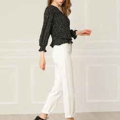 Allegra K Women's Polka Dot Cross V Neck Ruffle Vintage Blouse Top