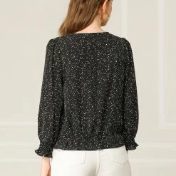 Allegra K Women's Polka Dot Cross V Neck Ruffle Vintage Blouse Top