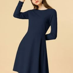 Allegra K Long Sleeves Round Neck Knitted A-line Dress Women
