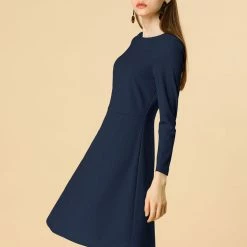 Allegra K Long Sleeves Round Neck Knitted A-line Dress Women