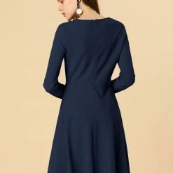 Allegra K Long Sleeves Round Neck Knitted A-line Dress Women