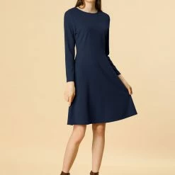 Allegra K Long Sleeves Round Neck Knitted A-line Dress Women