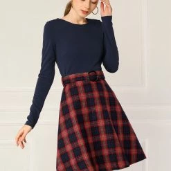 Allegra K Plaids Long Sleeve Round Neck A-Lined Dress With Belt Women