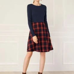Allegra K Plaids Long Sleeve Round Neck A-Lined Dress With Belt Women