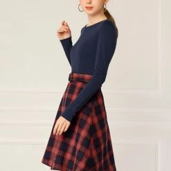 Allegra K Plaids Long Sleeve Round Neck A-Lined Dress With Belt Women