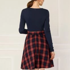 Allegra K Plaids Long Sleeve Round Neck A-Lined Dress With Belt Women