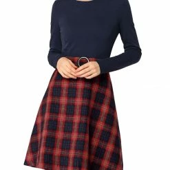 Allegra K Plaids Long Sleeve Round Neck A-Lined Dress With Belt Women