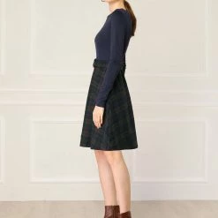 Allegra K Plaids Long Sleeve Round Neck A-Lined Dress With Belt Women